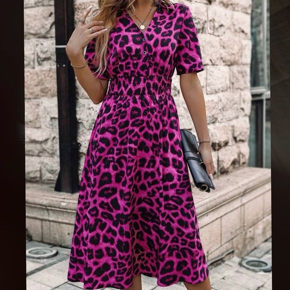 LIKE NEW Shein LUNE Leopard Print Half Button Dress Women’s Size XL - Picture 2 of 11
